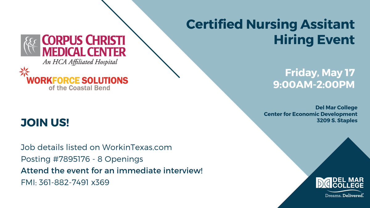 CNA Hiring Event this Friday! #nursingjobs #delmarworks #UpSkillCoastalBend #corpuschristijobs