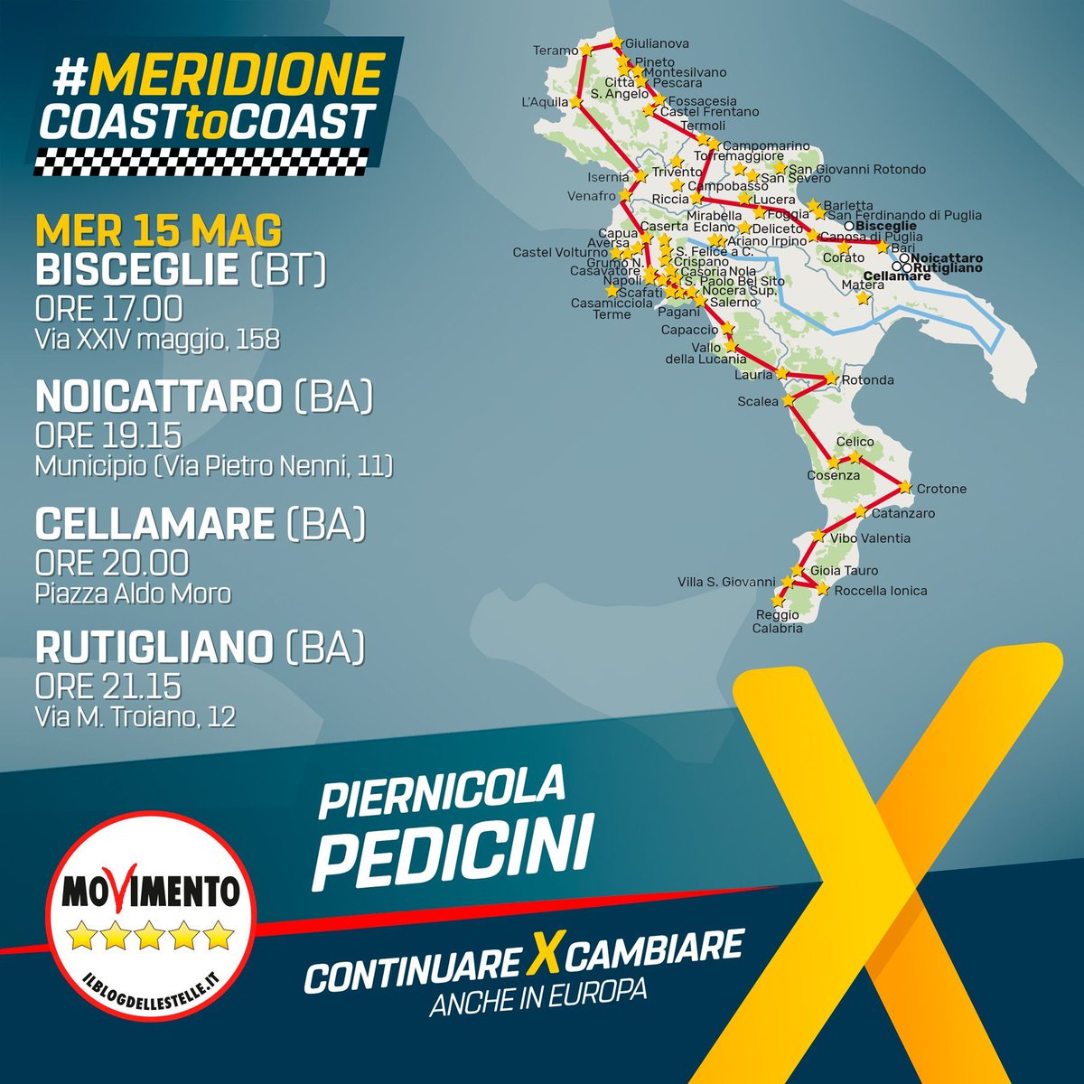 PediciniEu's tweet photo. Ecco dove arriverò domani, mercoledì 15 maggio, col mio #MeridioneCoastToCoast ➡️ https://t.co/9sXzsbuEFa
👉 #BISCEGLIE
👉 #NOICATTARO
👉 #CELLAMARE
👉 #RUTIGLIANO
#europee2019 #ContinuareXCambiare ⭐️ ⭐️ ⭐️ ⭐️ ⭐️ https://t.co/P83mvNzzpl