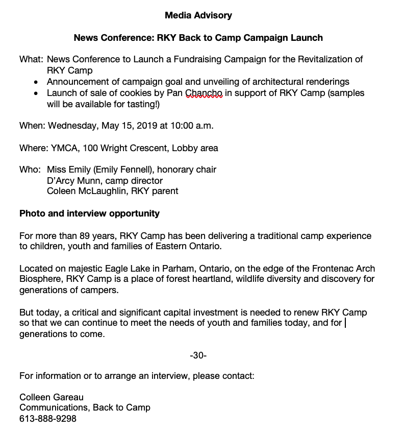 RKYCamp's tweet photo. Hope you can make it to our news conference with our honourary chair, @TheMissEmily tomorrow. We'll even have wonderful @PanChancho cookies to sample! @CKWS_Shauna @CKWS_TV https://t.co/KeIj7jYLJS