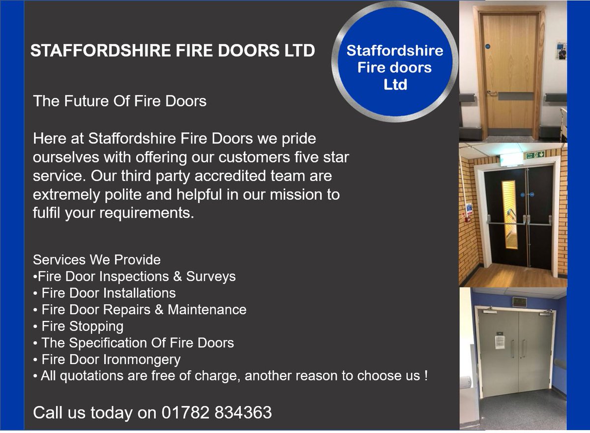 For all fire door related services please call 01782 834363
#staffordshirefiredoors #stafford #stokeontrent #firedoors #firerated #fds30 #fds60 #doorsets #firedoorservices #firedoorinspection #install #localarea #sot #staffordshire #surveys #ironmongery