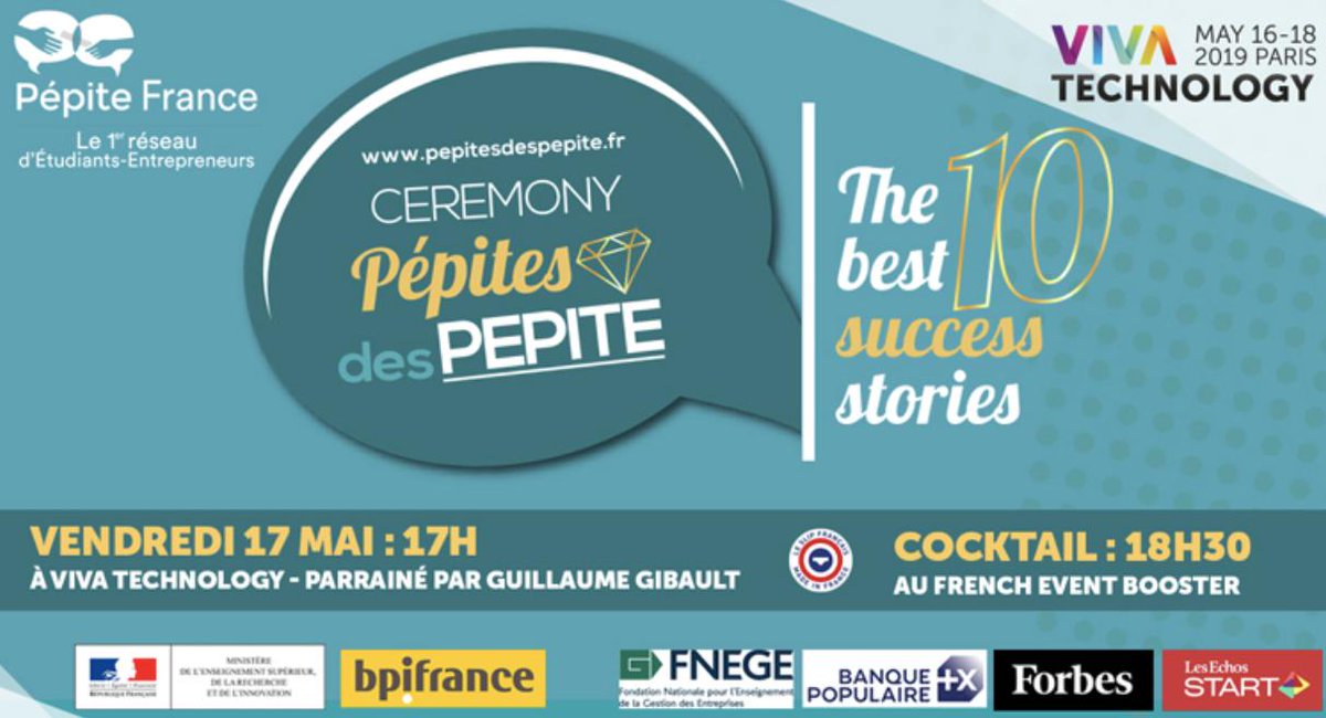 [#VivaTech <a href="/PepiteFrance/">Pépite France</a>] Discover the 10 best success stories of startups founded by former Students-Entrepreneurs! The Ceremony #PepitesdesPEPITE is coming back for a 2nd edition on Friday May 17 – 5pm at #VivaTech and you won't want to miss it!
buff.ly/2TThW3e
