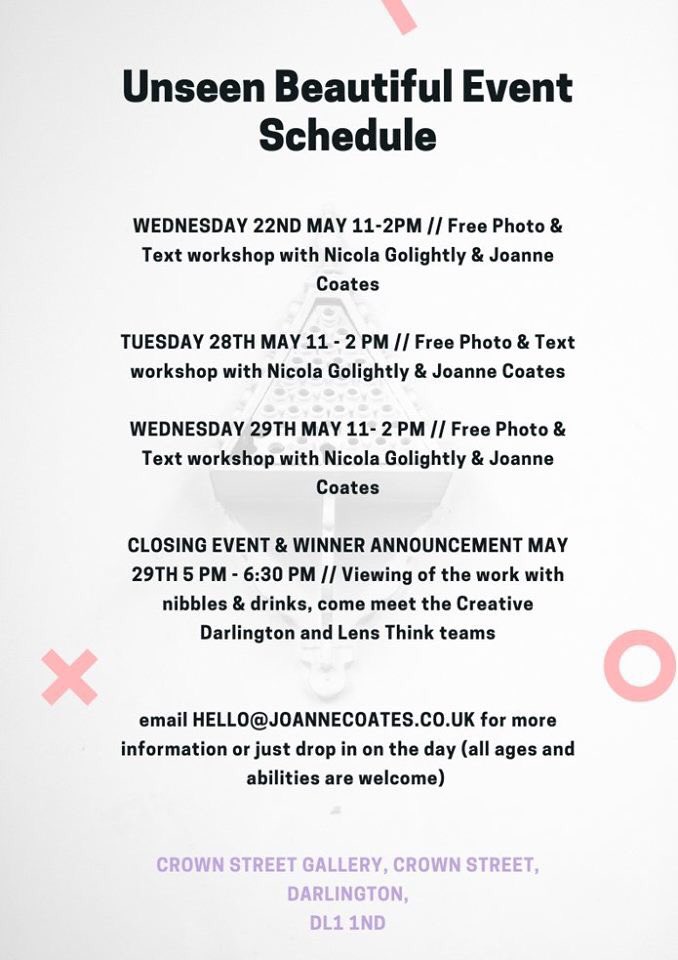 A whole series of Lens Think events coming up! We have been working with <a href="/Creative_Dton/">Creative Darlington</a> We have 3 FREE workshops coming up, Photo/text. All welcome and materials provided. We have a late opening social  night on May 29th with a winner announcement, snacks&amp;drinks!