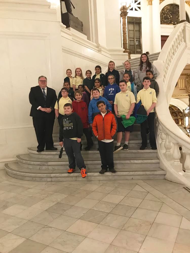 MTCRegional's tweet photo. MTC 4th and 5th grade student visited Harrisburg, the Pennsylvania capital. They were greeted by PA State Representative Tim Briggs. #MTCextraordinary #mtcschool #catholicschools #greatschools #fieldtrip #Harrisburg #ExploreAOPS #equippingsaints https://t.co/Imd90VY8op