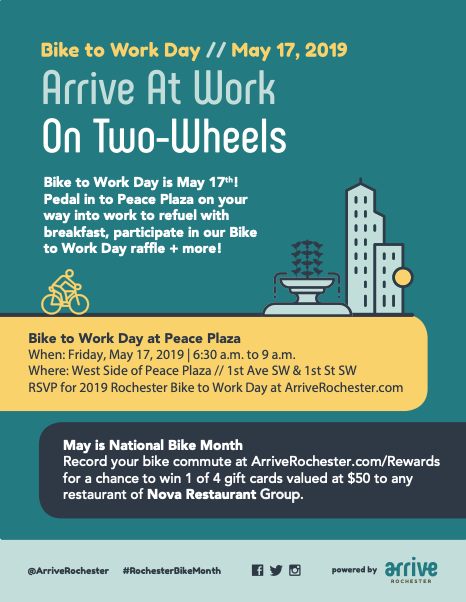 ArriveRochester's tweet photo. When you bike to work in May, you can enter our #RochesterBikeMonth challenge on https://t.co/baqPADmRzB and be rewarded with a chance to win prizes!

#RochMN https://t.co/CGrxR6KO1i