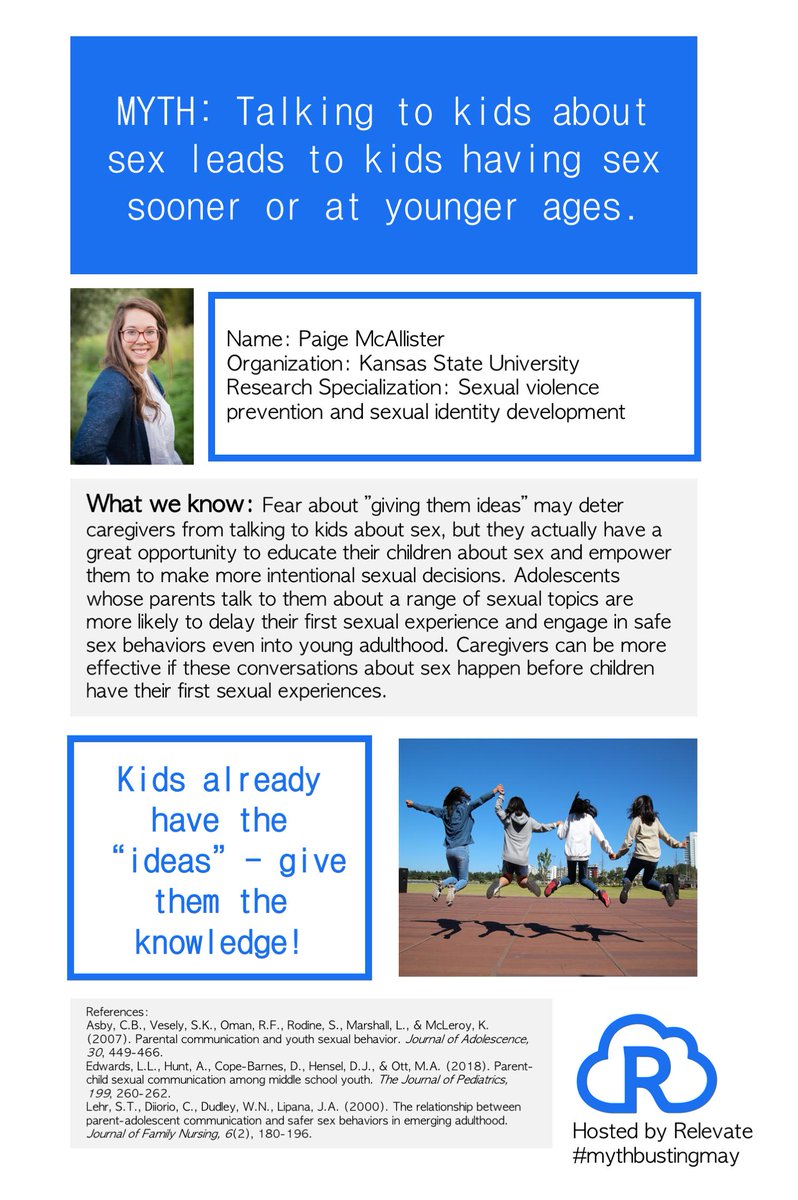 MyRelevate's tweet image. MYTH: Talking to kids about sex leads to kids having sex sooner or at younger ages 

See below for the truth!
#mythbustingmay #relationshipscience #sexuality #kids #parents #ispyhumansci