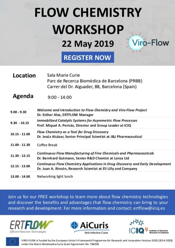 ICIQchem's tweet image. ⚠️ LAST DAY ⚠️ 
Register today &amp;amp; join the #Ertflow #ViroFlow @MSCActions &quot;Flow Chemistry Workshop&quot; 👉 learn about flow chemistry tech &amp;amp; discover the advantages it in #pharma 
Registration: ow.ly/C8nD50ubkI5 
📍@the_prbb 📆 22nd May 2019 ⏰ 9:00 - 14:00