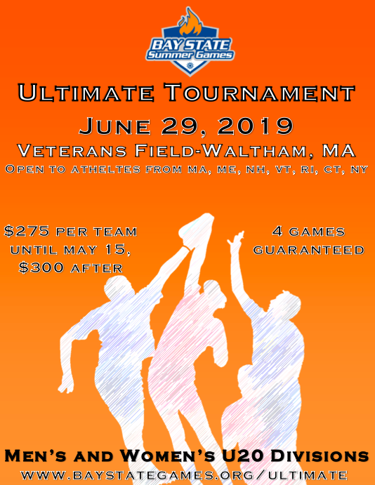 Register U20 Ultimate Teams for the Bay State Games! $25 late fee after 5/15; registration can be found here: baystategames.org/ultimate