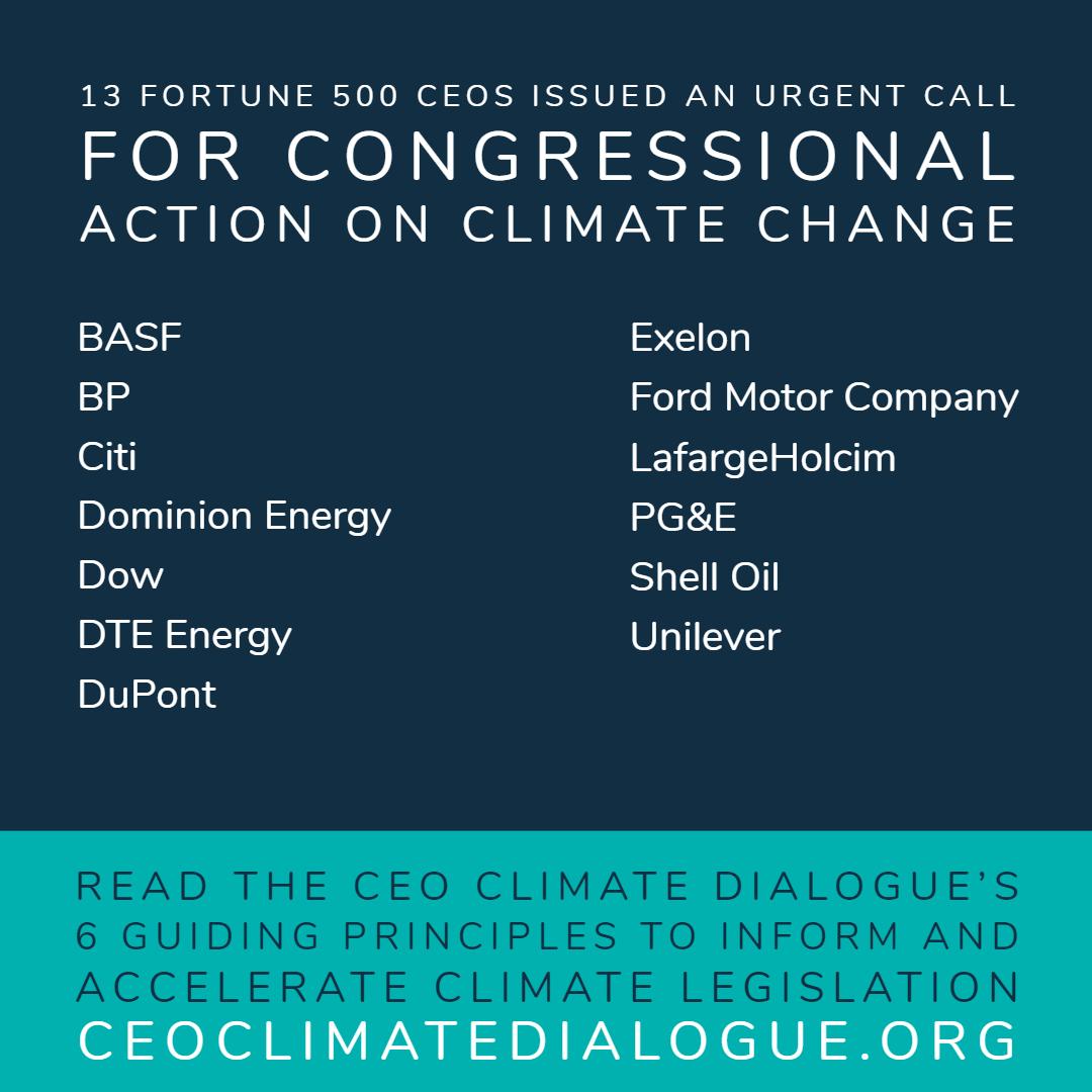 EDFbiz's tweet photo. The CEO Climate Dialogue, a new initiative of Fortune 500 companies, calls for Congress to enact policies to curb emissions 80% or more by 2050. https://t.co/eIetq0G8ut #CEOsTalkClimate https://t.co/u982p4ugvU
