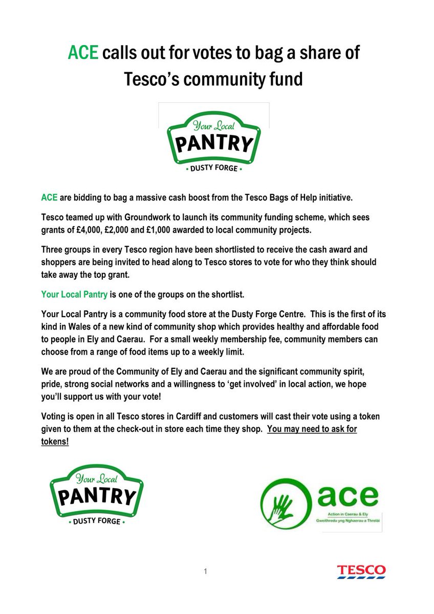 ACE calls out for votes to bag a share of Tesco’s community fund!
Help the Dusty Forge by voting for ACE at your nearest Tesco store.