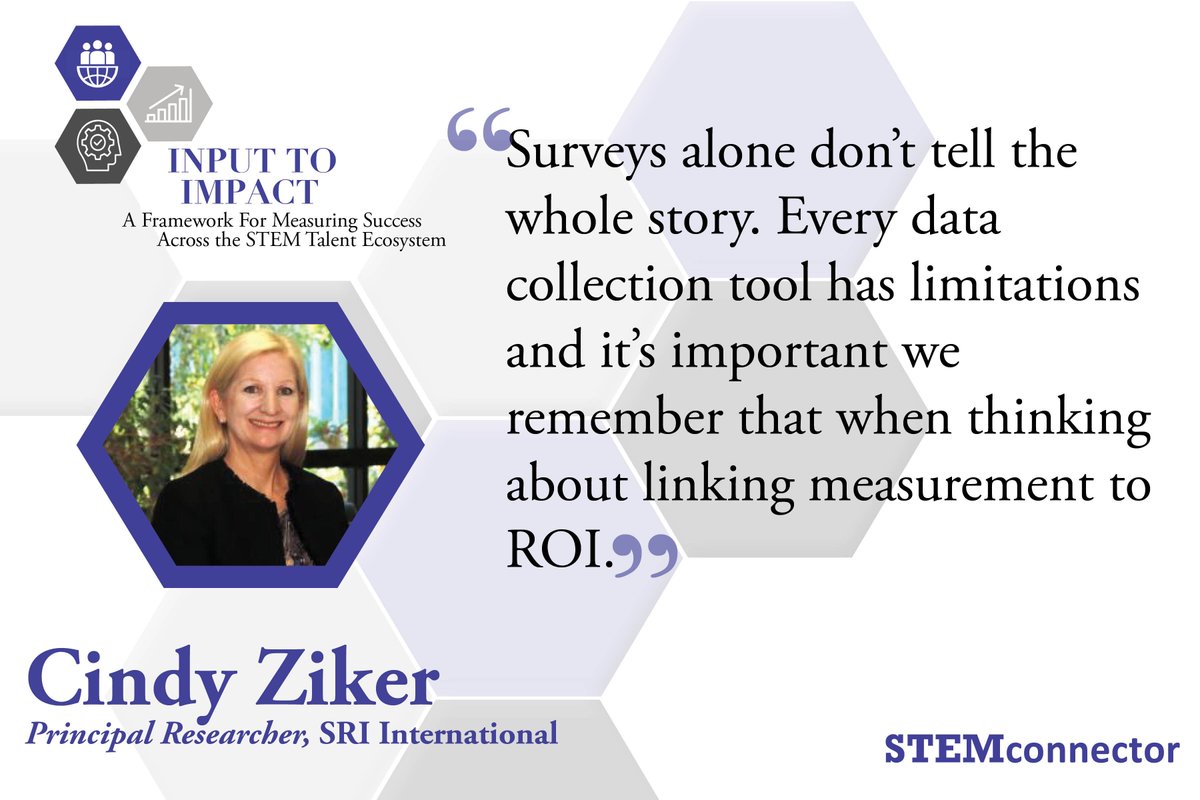 STEMconnector's tweet image. "Surveys alone don’t tell the whole story. Every data collection tool has limitations &amp;amp; it's important we remember that when thinking about linking measurement to #ROI." - Cindy Ziker, Principal Researcher @SRI_Intl, in #INPUTtoIMPACT. D/L your free copy: bit.ly/2YbvjdV