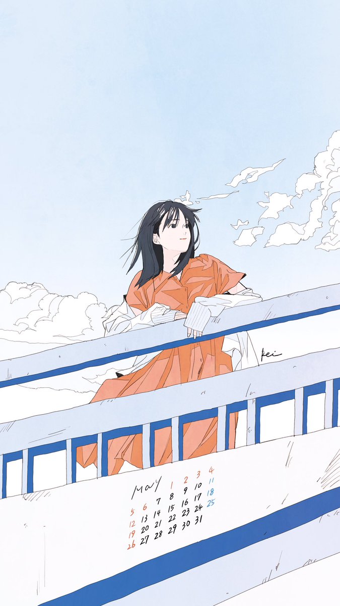 1girl solo black hair cloud sky railing outdoors  illustration images