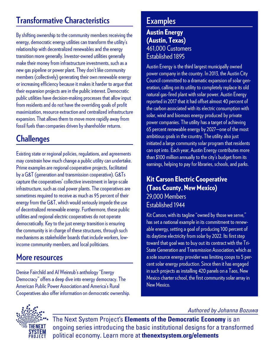 Democratic energy utilities are nonprofits run by the public or community members in a way that enables their engagement in decision-making and distributes ownership:  https://thenextsystem.org/learn/stories/democratic-energy-utility 7/
