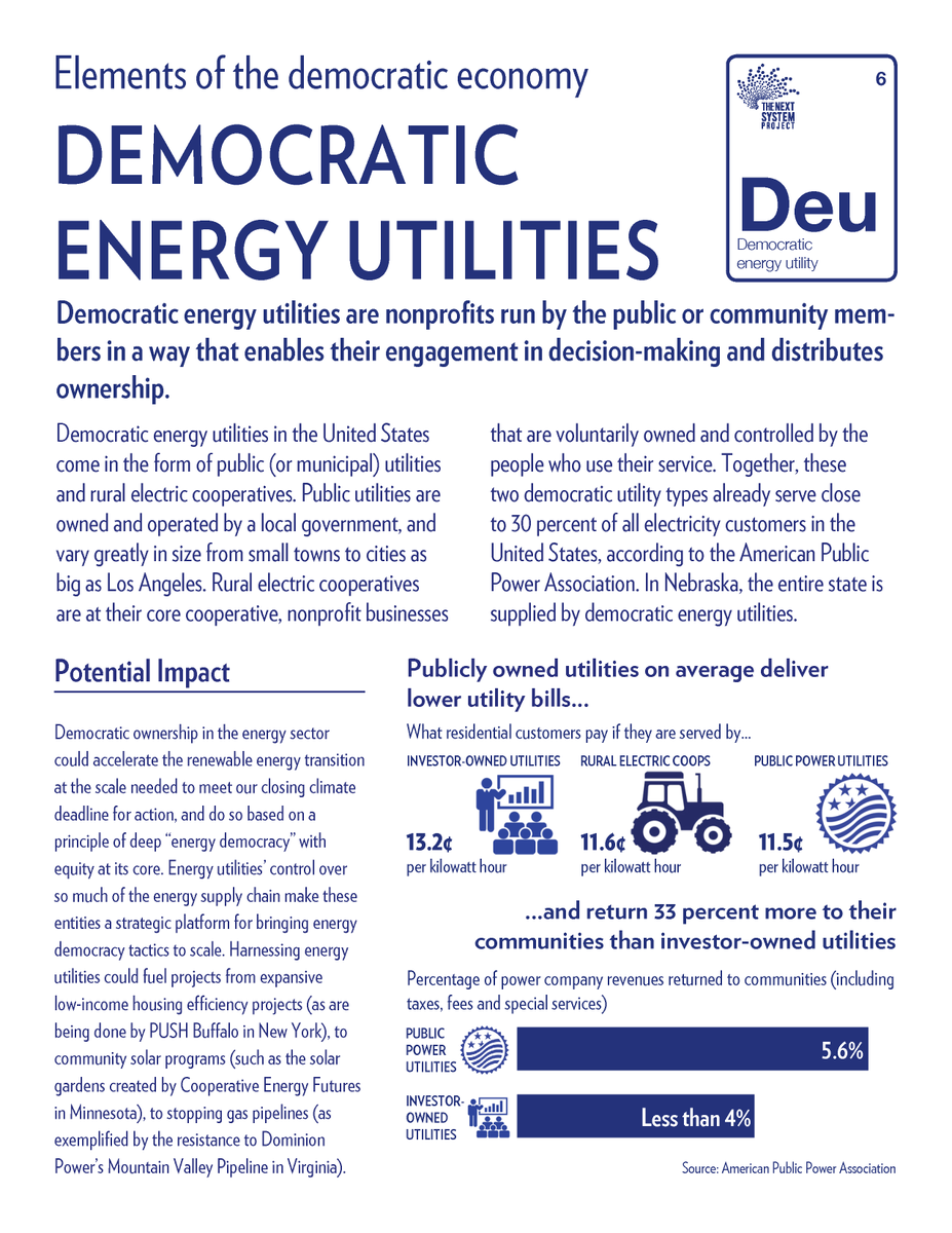Democratic energy utilities are nonprofits run by the public or community members in a way that enables their engagement in decision-making and distributes ownership:  https://thenextsystem.org/learn/stories/democratic-energy-utility 7/