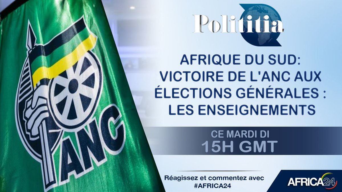 A24Polititia's tweet photo. 🇿🇦#AfriqueduSud, L'ANC a remporté les législatives avec 57,5% des suffrages. Toutefois, le parti au pouvoir enregistre une baisse par rapport au 62,2% des sièges obtenus lors des législatives de 2014. Décryptage dans le Polititia de ce 14/05/2019 dès 15H GMT sur @AFRICA24TV. https://t.co/9C7ZW5mUek