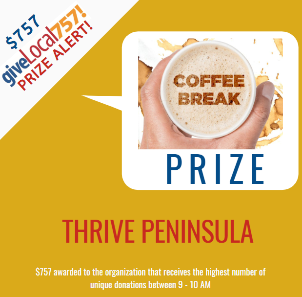 THRIVEPeninsula's tweet photo. We won - THANK YOU! So far in the last 14 days we have won $1,757 worth of cash prizes for #givelocal757 because of you! But wait! The day isn't over. If you haven't given yet, you have until midnight to help up reach our goal of $10,000 https://t.co/9tXGq5kMW5 https://t.co/G1Wrud0Ig8