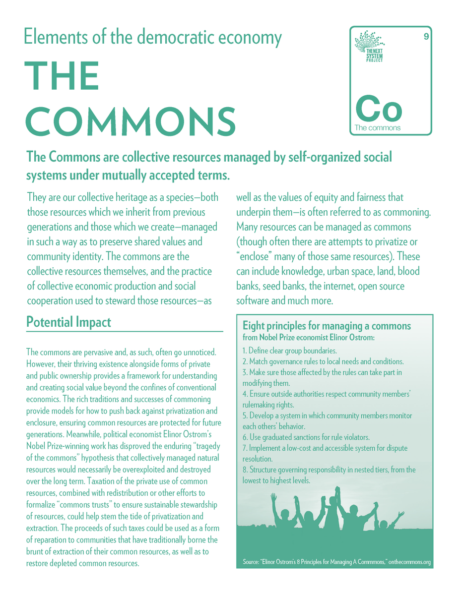 The commons are collective resources—encompassing things as varied as land, seed banks, and open-source software—managed by self-organized social systems under mutually acceptable terms: https://thenextsystem.org/learn/stories/commons 10/
