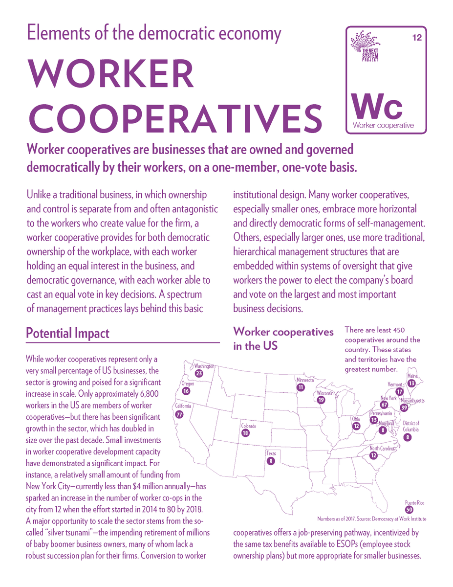 Worker cooperatives provides for both democratic ownership and democratic governance of the workplace, unlike traditional businesses in which ownership is often antagonistic to the workers who create value for the firm:  https://thenextsystem.org/learn/stories/worker-cooperatives 13/