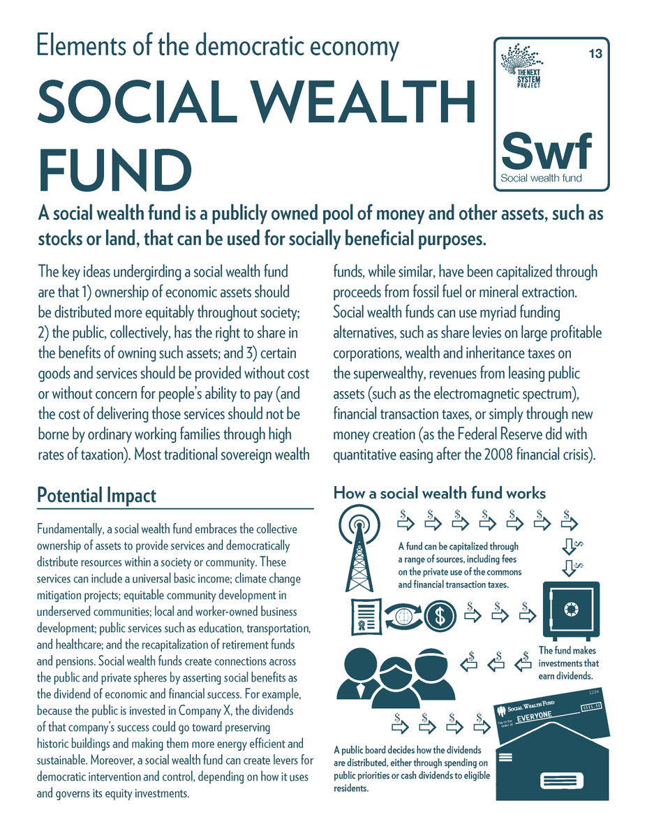 Social wealth funds embrace the collective ownership of assets to provide services and democratically distribute resources within a society or community: https://thenextsystem.org/learn/stories/social-wealth-fund 14/