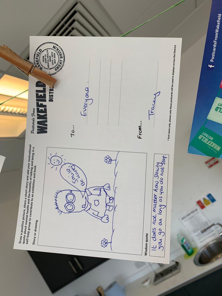 FromWakefield's tweet image. Today a young girl came to look for her mums minion postcard at Trinity. It wasn’t here as it has been hung up in Spectrum. But as promised here it is!! 

I ❤️ it!! #smilebehappy 

ALL the postcards will be at the Artwalk on the 29th May