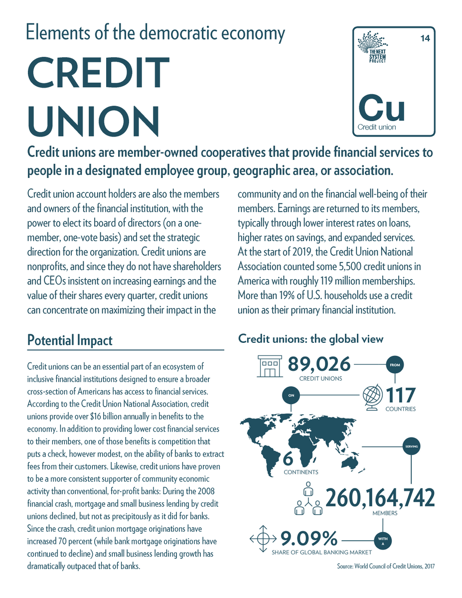 Credit unions are financial cooperatives owned by their account holders and can concentrate on maximizing their impact in the community and on the financial well-being of their members: https://thenextsystem.org/learn/stories/credit-unions 15/