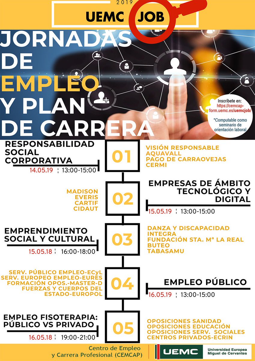 UEMC's tweet photo. #UEMCJob "Empresas de ámbito tecnológico y digital", el miércoles 15 con @CARTIFCT, @Cidaut, @madison_mk y @everis
https://t.co/gzbQ34d4jh https://t.co/WXlNLLLZew