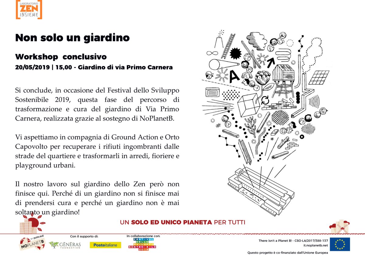 zeninsieme's tweet photo. Vi aspettiamo lunedì prossimo con @orto_capovolto #groundaction per "Non solo un giardino"

#NOPLANETB #100000euroXsostenibilità @puntosud @EuropeAid_UPEC @PosteNews Generas Foundation 
@ASviSItalia #FestivalSviluppoSostenibile #METTIAMOMANOALFUTURO #Agenda2030 #SDGs #GlobalGoals https://t.co/EV4sdtI1DF
