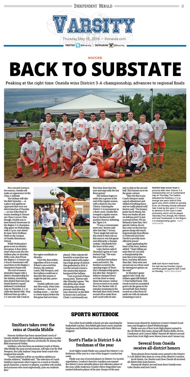This week’s sports front features the <a href="/Oneida_Schools/">Oneida Special School District</a> soccer team, which will play for the Region 2-A championship on Wednesday.