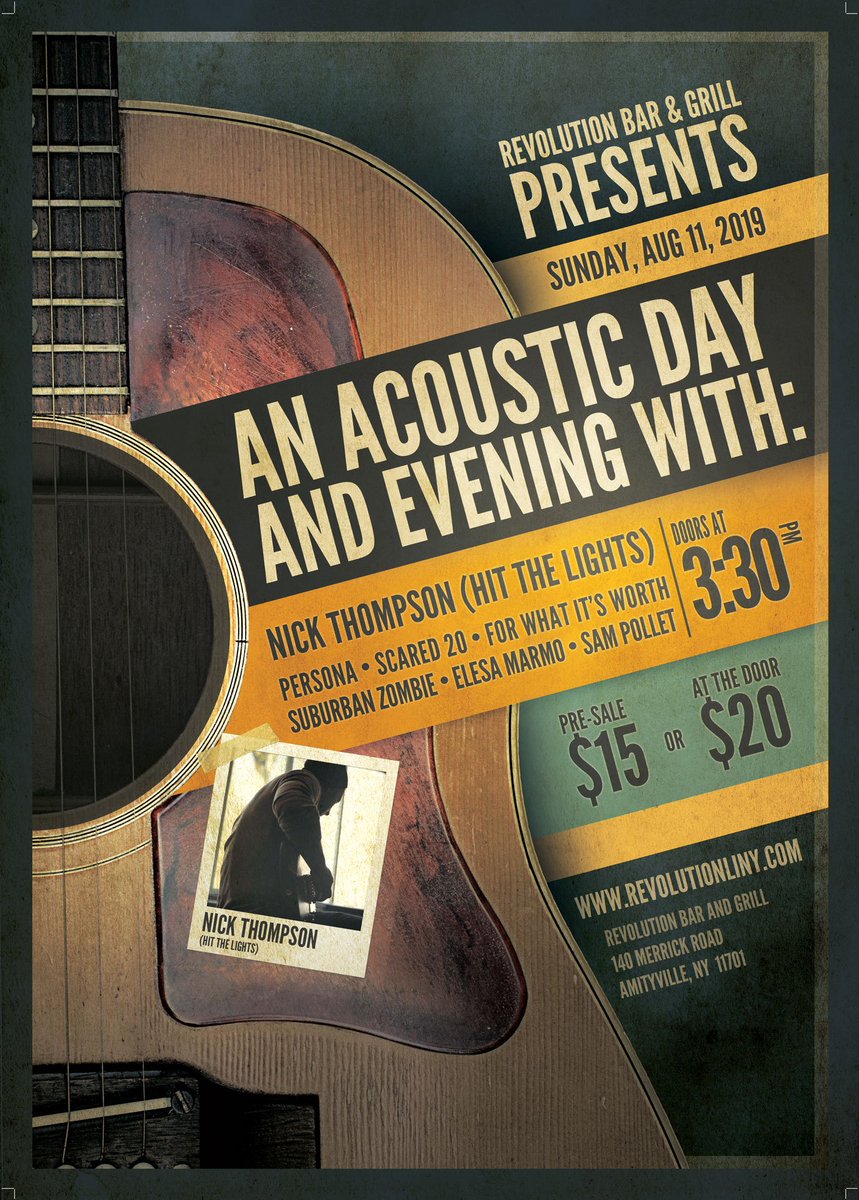 SUNDAY, AUGUST 11TH: An Acoustic Evening w/ @HTLNick (of @HTLBand) with @PersonaOfficial, Scared20, <a href="/FWIWLI/">For What It's Worth</a> @SubZombieNY @ElesaMarmo &amp; @SamPollet12.
Doors 3:30PM - $15 ADV // $20 DOS
Tickets: bit.ly/2JDEq2R