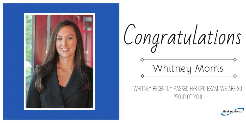 ThinkingAheadES's tweet photo. Congratulations to our very own Whitney Morris on passing her CPC exam! The CPC certification is one of the most comprehensive in the recruiting and staffing industry #Recruiterrecognition #winning #cpccertified https://t.co/MSePsubGOv