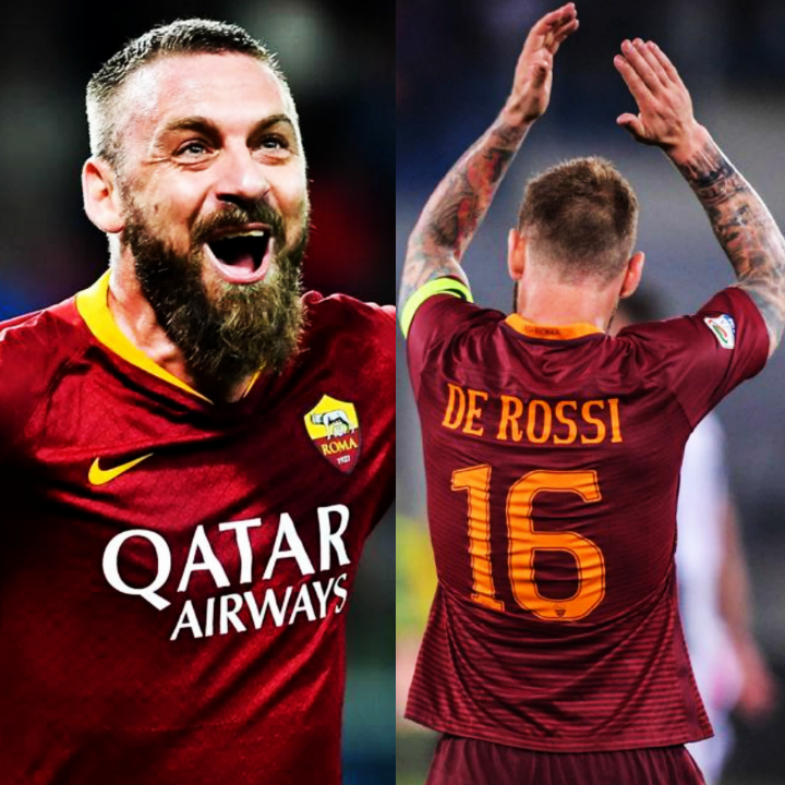 InvictosSomos's tweet photo. Después de 18 años, 615 partidos, 63 goles y 3 títulos, el gran Daniele De Rossi se despide de AS Roma. Su último partido oficial será ante Parma. El segundo jugador con más participaciones en TODA la historia de La Loba dice adiós. Llegó como apuesta juvenil, se va como LEYENDA. https://t.co/EzbUVl5k57