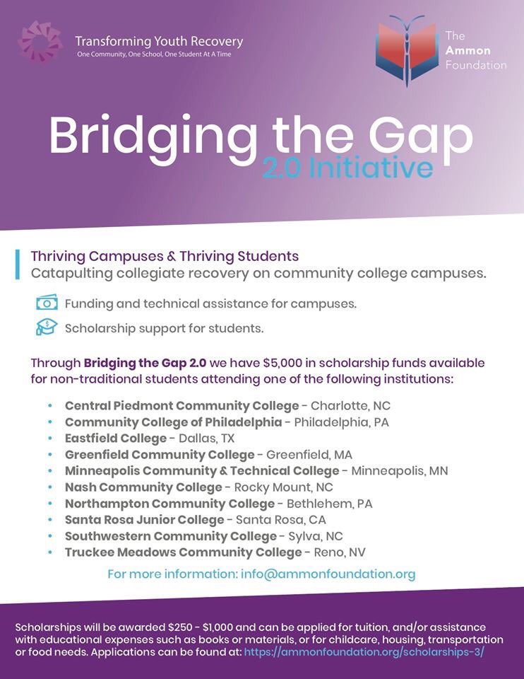 TYR and <a href="/AmmonFoundation/">TheAmmonFoundation</a> are excited to announce Bridging the Gap 2.0. Collegiate recovery students at the community colleges listed below are eligible for scholarships. Apply today! @ARHE_tweets <a href="/SAFEprojectUS/">SAFE Project</a>