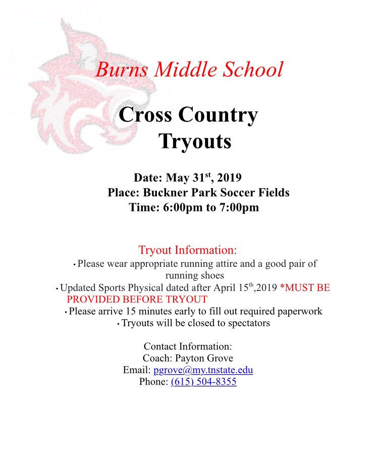 Tryouts for the Burns Middle School Cross Country team will be held May 31st! We look forward to meeting our future Bobcats!👟