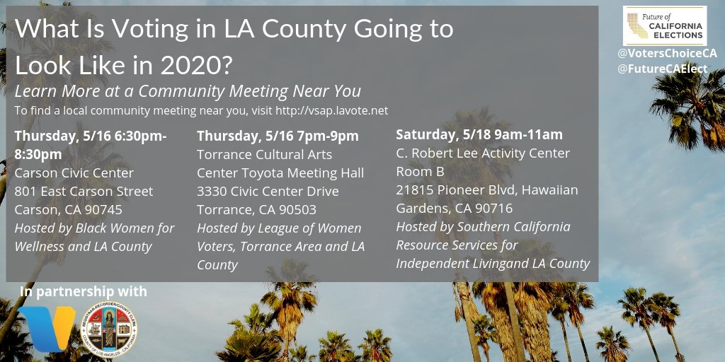 VotersChoiceCA's tweet photo. LA County is adopting a voter center model in 2020, which will mean BIG changes for your voting experience. Join @LWVTA @LACountyRRCC @BW4WLA &amp; @scrsla this week for community meetings to hear more about the Voter’s Choice Act. https://t.co/8nP3dOL3cL https://t.co/FcgQAc7k6e