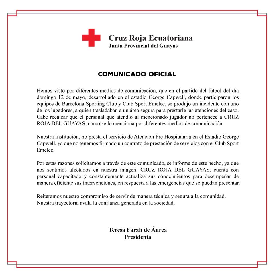 Comunicado  oficial de Cruz Roja del Guayas.
