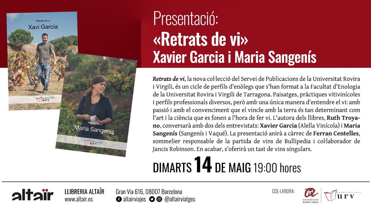 🗯 Recordeu avui:
.
📚 Presentació <a href="/retratsdevi/">ViMomentsPersones</a> de <a href="/sangenisivaque/">Sangenís i Vaqué</a> i <a href="/alellavinicola/">Alella Vinicola</a> 
🖌 <a href="/rtroyano/">Ruth Troyano Puig</a>
⏰ 19h
📍 Gran Vía, 616 - <a href="/altairviatges/">Altaïr</a>
👉🏻 <a href="/PublicacionsURV/">PublicacionsURV</a>
.
Salut 🍷! #culturadelVi