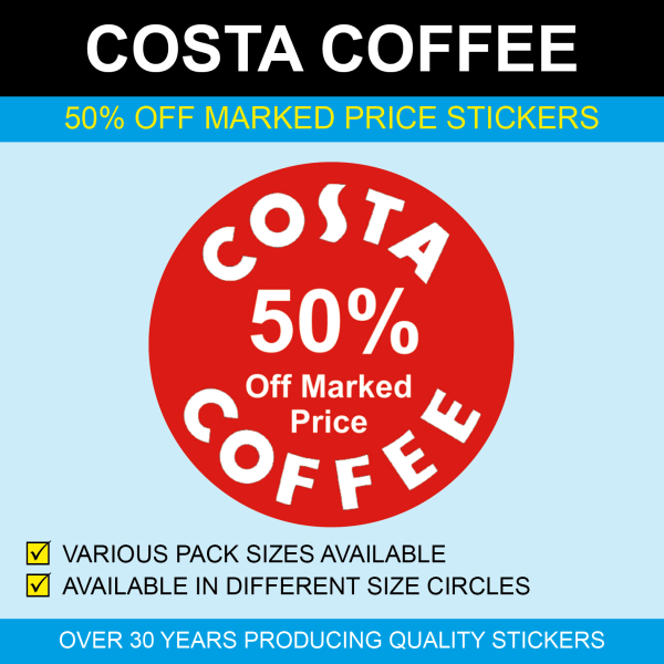 PriceStickers's tweet photo. Are you an #owner of a #costa #coffee shop reguarly reducing items by 50%?
If so, take a look at our Costa Coffee #range, available in a variety of sizes, so you can clearly label your #reduced items ! Just visit https://t.co/EnEI9hehEl where you'll find a huge variety of labels. https://t.co/KRmk8Kdf64