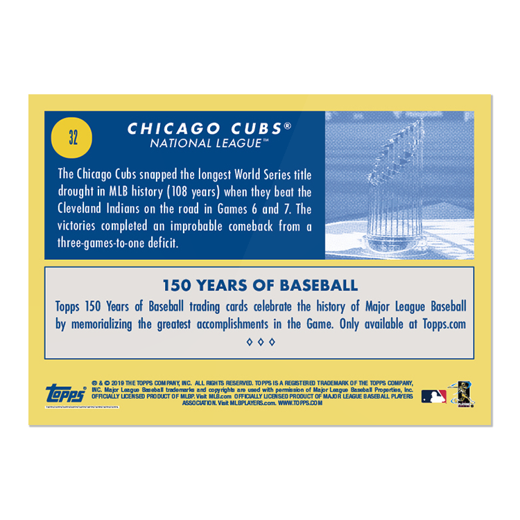 OACCards's tweet image. First Cubs card in the #150YearsofBaseball set from Topps.

Will never get tired of that image.

Love all the blue!
