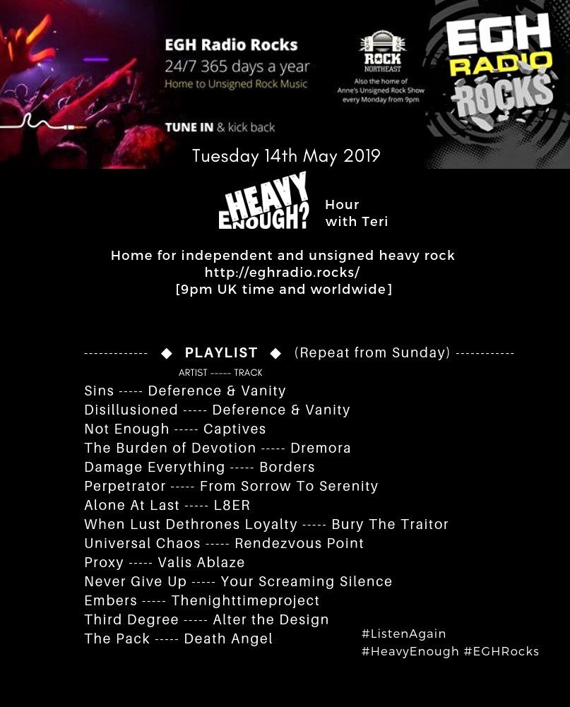 >> TODAY <<
#TuneIn to #HeavyEnough?Hour <a href="/EGHRocks/">KingWan</a> #radio 9pm UKtime airing everywhere repeat from Sunday
⇒eghradio.rocks/player_stream/
you will hear awesome new music from-
<a href="/BuryTheTraitor/">Bury The Traitor</a>
<a href="/BandRendezvous/">Rendezvous Point</a>
<a href="/Valis_Ablaze/">Valis  Ablaze</a>
<a href="/Your_Screaming/">YourScreamingSilence</a>
#NewMusicAlert #EGHRocks
facebook.com/HeavyEnoughHou…