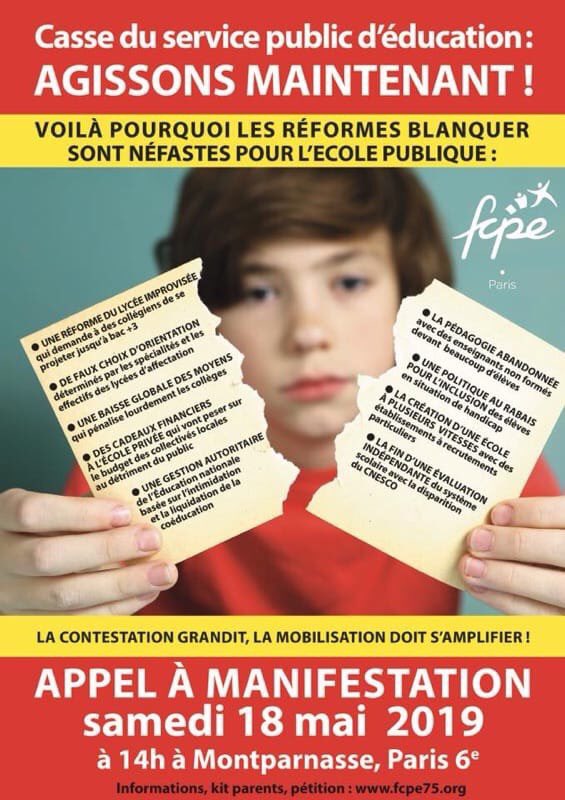 FCPE_Paris's tweet photo. La #FCPE #Paris appelle les parents d'élèves à participer massivement à la grande manifestation nationale du #18mai contre les réformes #Blanquer ! 
⁦@FCPE_nationale⁩ ⁦@EducationFrance⁩ ⁦@Academie_Paris⁩ 
Pour défendre le service public d'#education ! https://t.co/8HY8r4NmL8