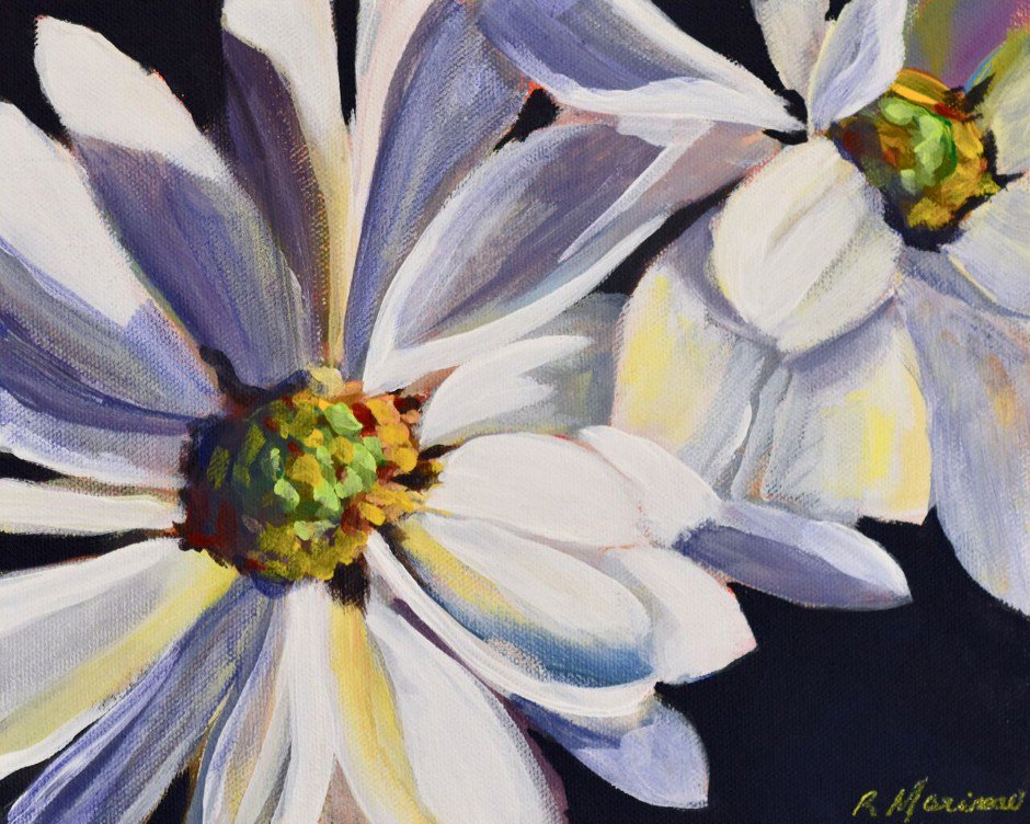 Rhonda Marineau's Daisy Study is enchanting. It is part of our current show, led by Christa Specht, in "Flowers for Huntington's" showing until May 31st. It is a truly beautiful show, so please pop by for a peek. #fineart #flowerpower #artgallery  #buylocal