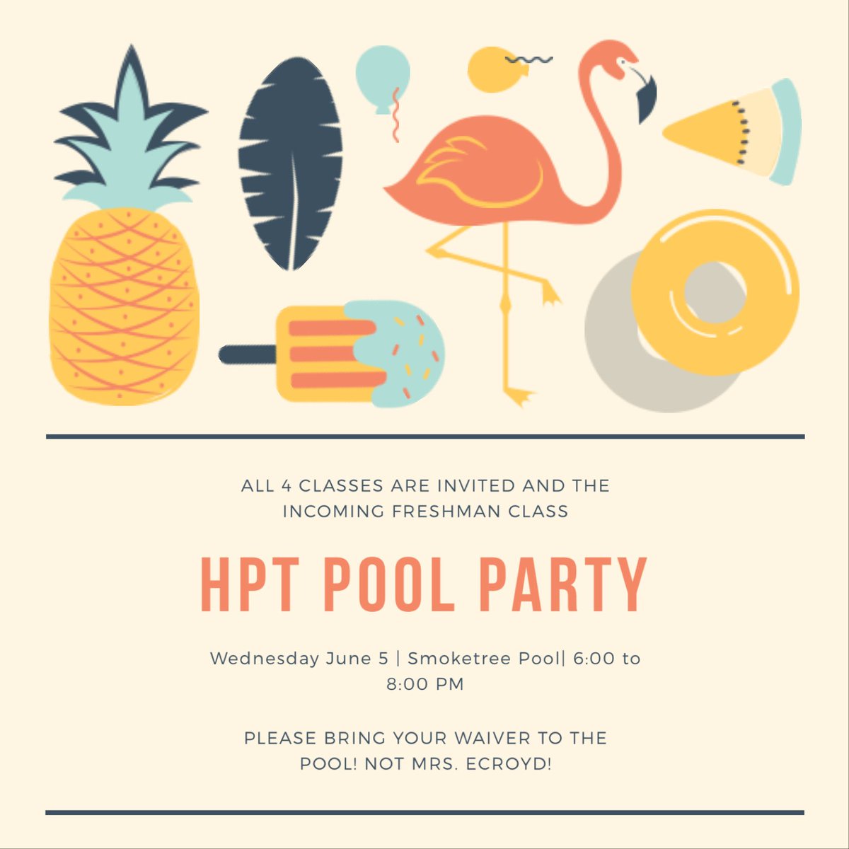 monacanhpt's tweet photo. All 4 classes and the incoming Freshman class are invited to the HPT Pool Party on June 5 from 6 to 8 PM at the Smoketree Pool! Please print out and bring your waiver to the pool! We hope to see you there! https://t.co/mHV3Jc41yP