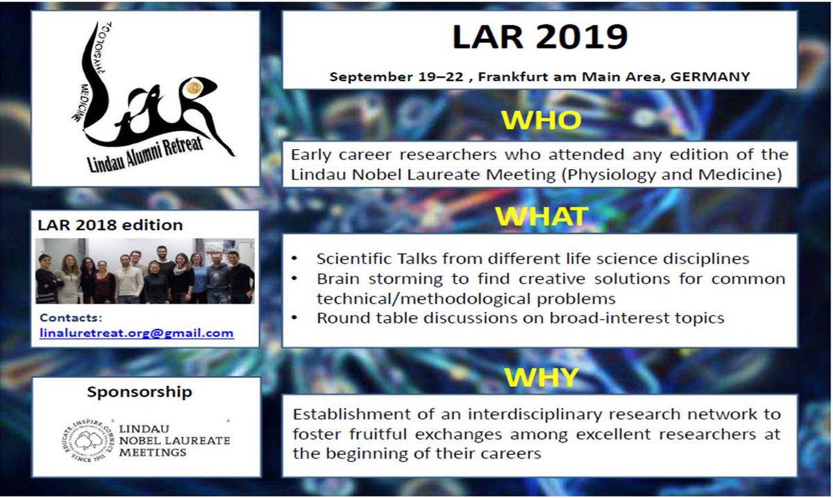 LindauRetreat's tweet photo. Dear Lindau Alumni!
Pre-registration is open!! Do not miss this opportunity!
Link to event official website and pre-registration https://t.co/JhNUAQsHDG
#LAR2019 #LindauAlumniRetreat https://t.co/NBh7jYL7qi