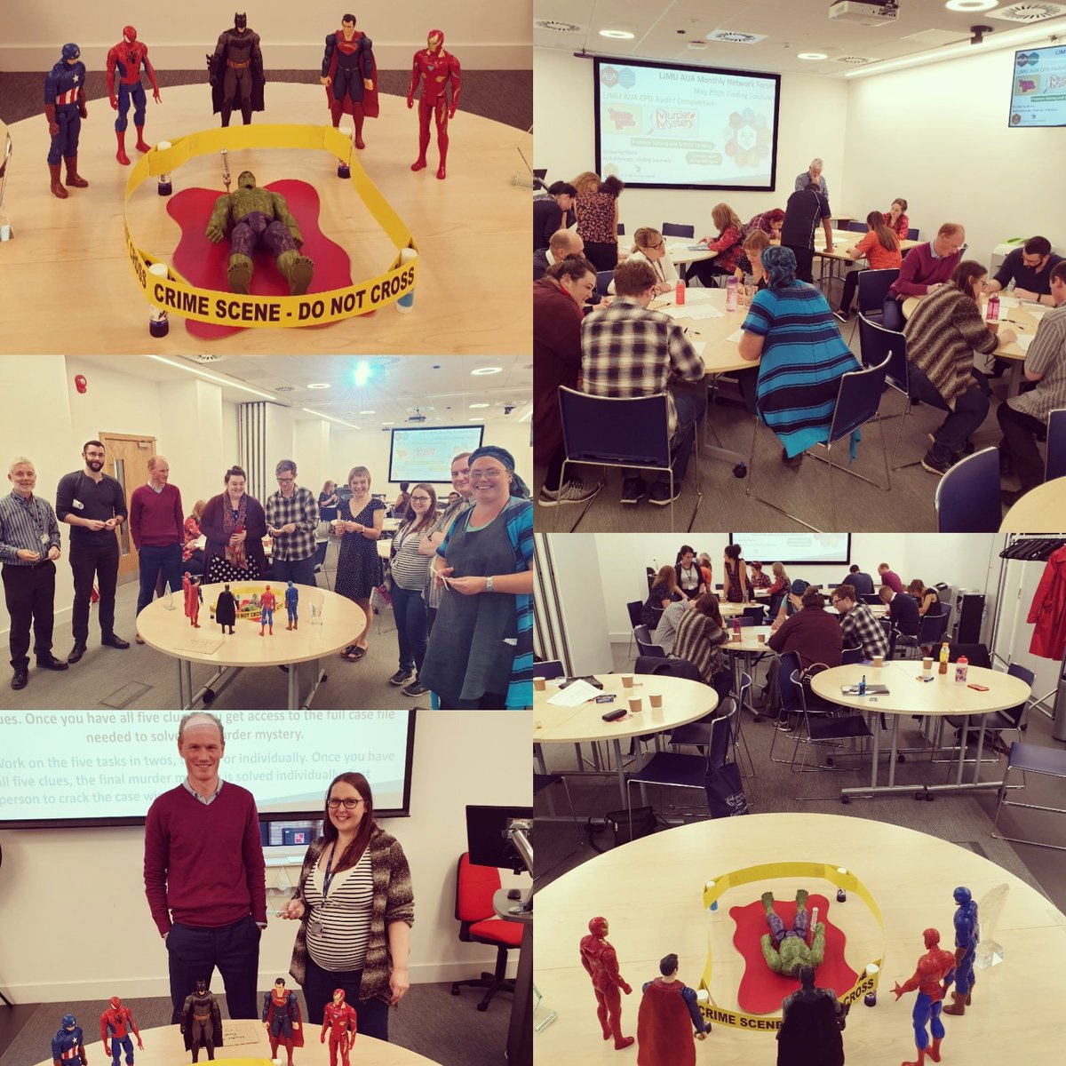 Fantastic LJMU AUA CPD Award Competition today at May's monthly @LJMU @The_AUA Network Forum for #FindingSolutions. Our @LJMUstaff showed excellent critical thinking & problem solving skills solving the Superhero Murder Mystery 🔎 well done to Stacey our winner ⭐ #InnovativeCPD