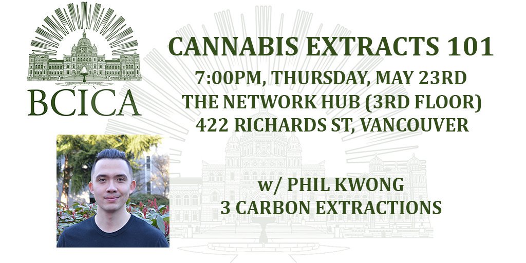 theBCICA's tweet photo. Hey! What are you doing on May 23rd?
Please join us for a talk with @pkay091 about cannabis extracts. https://t.co/pycPtkChLD