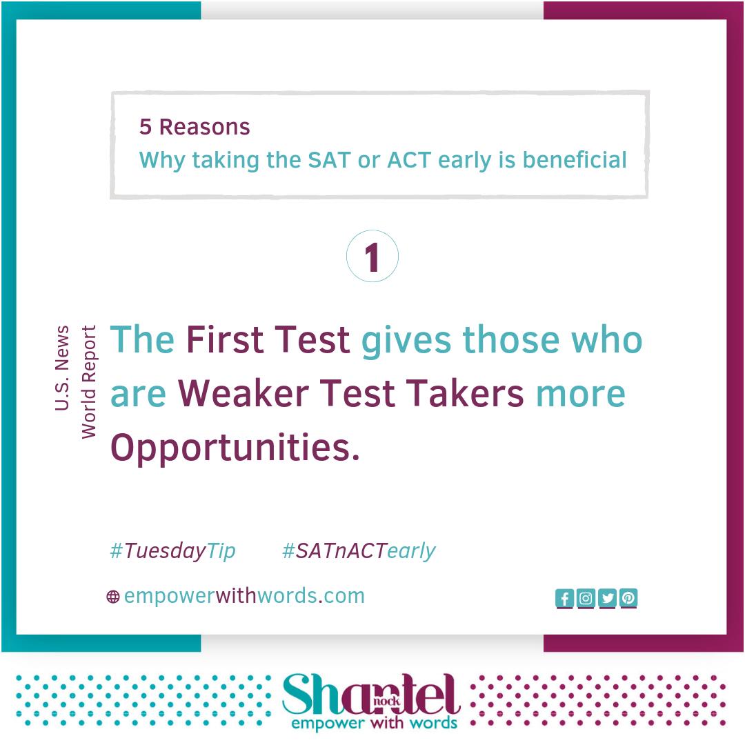 ShantelEmpowers's tweet image. According to the U.S. News and #World_Report, there are five reasons on why taking the SAT or ACT early is beneficial.👌⠀
#1.The #first_test gives those who are weaker test takers more #opportunities. ✔️#ShantelNock #EmpowerWithWords #FinancialPlan #Scholarships #SATnACTearly