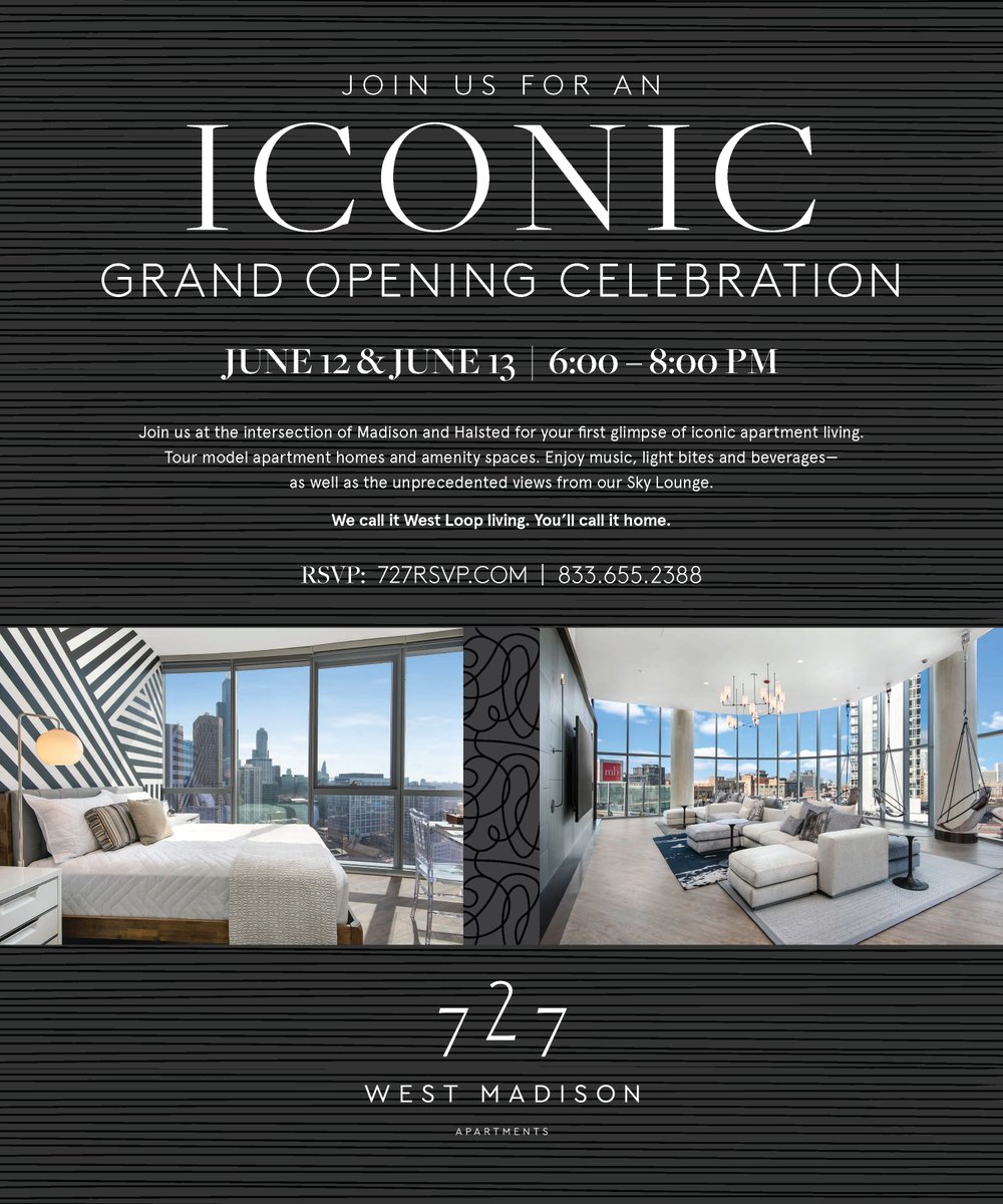 FifieldCo's tweet image. FREE grand opening party at 727 W Madison!  Join us June the 12th and 13th from 6pm - 8pm!  Check out the 45th floor sky lounge + enjoy free light bites and drinks!