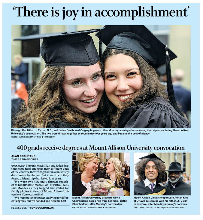 MountAllison's tweet photo. Wonderful to see #MtAllison 2019 grads on the front page of the @TimesTranscript and hear Honorary degree recipient and Indigenous educator Andrea Colfer on @ShiftNB: https://t.co/5KU6dCbACB
#MtAConvocation #NB @MtAalumni https://t.co/5X8zaCA63Z