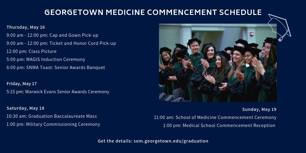 GUMedicine's tweet photo. We’ve got a lot going on this week! Make sure to keep track of all the #GeorgetownMed commencement activities and check out the schedule below. 🎓💙 #HoyaMD19 #Hoyas2019 https://t.co/MB3KEOfp2j