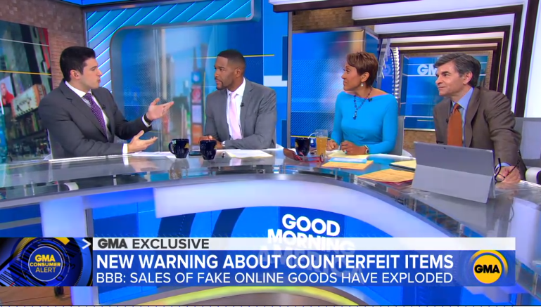 bbbmidwestplain's tweet photo. Thank you👏 @GioBenitez & Good @GMA for helping us spread the word about our new study on the rise of counterfeit items being sold online. ⚠️ If you shop online💻, you need to watch this story! https://t.co/YHtPWJdNjs #CouldYouSpotaCounterfeit #BBBStudy #BreakingNews #GMA https://t.co/jRTuj5O9hE
