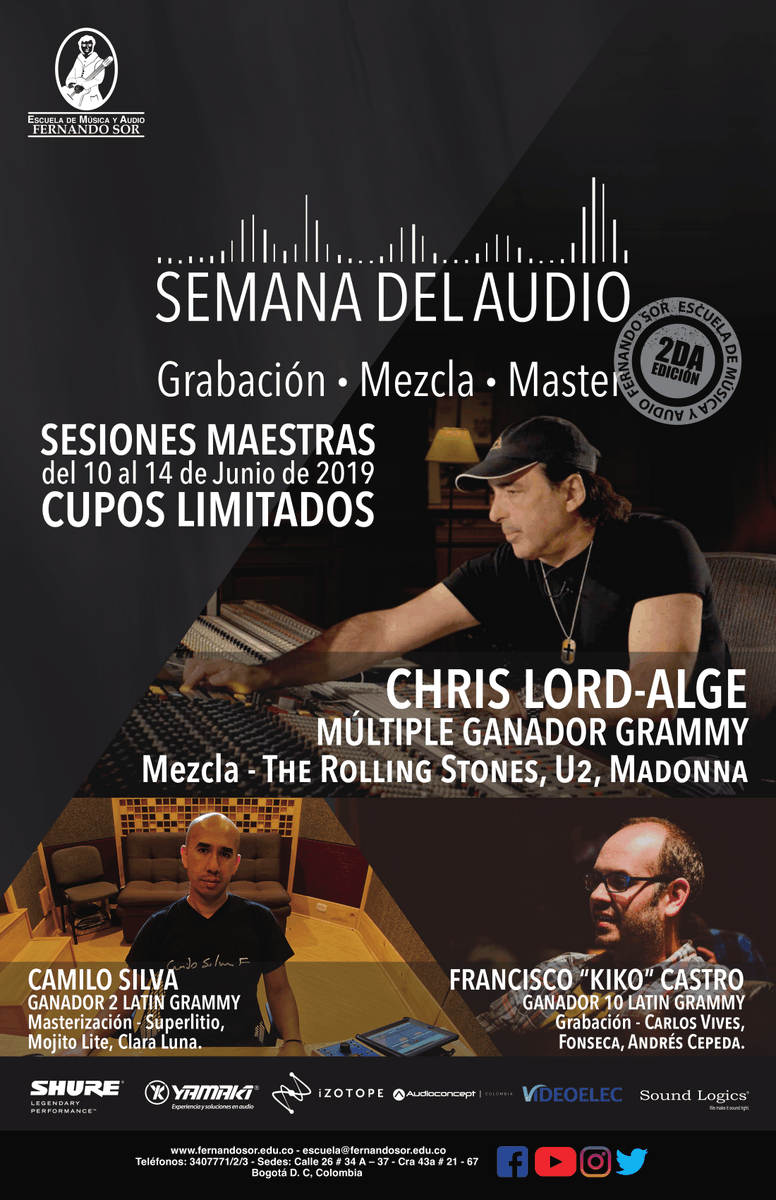 ¡ÚLTIMOS CUPOS DISPONIBLES!
Semana de Audio con Chris Lord-Alge Múltiple ganador del premio Grammy - Green day, The Rolling Stones, U2, Madonna, entre otros.
bit.ly/2XJW4GB
escuela@fernandosor.edu.co